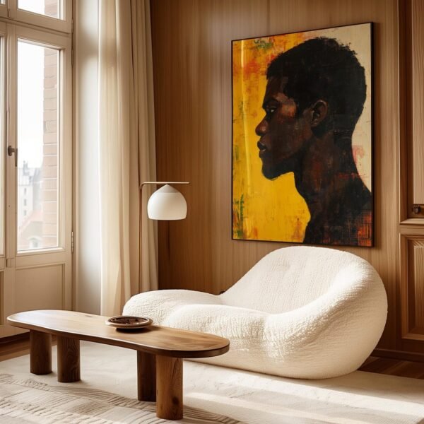 Celebrate strength and culture with this abstract male portrait featuring a modern African American man in a striking pointillism style. A bold blend of realism and mixed media, perfect for contemporary spaces.