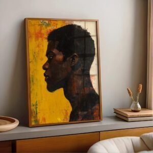 Celebrate strength and culture with this abstract male portrait featuring a modern African American man in a striking pointillism style. A bold blend of realism and mixed media, perfect for contemporary spaces.