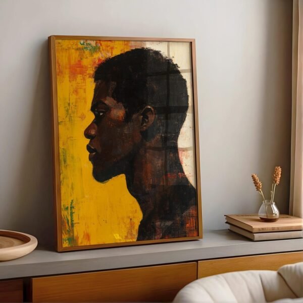 Celebrate strength and culture with this abstract male portrait featuring a modern African American man in a striking pointillism style. A bold blend of realism and mixed media, perfect for contemporary spaces.