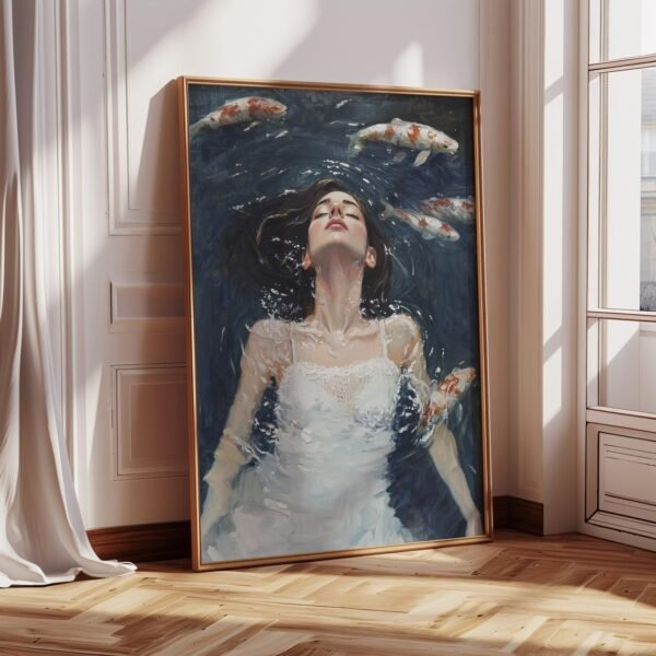 Beautiful Woman Swimming Oil Painting, Female Portrait Figure Print, Feminine Art Prints, Antique Figurative Artwork
