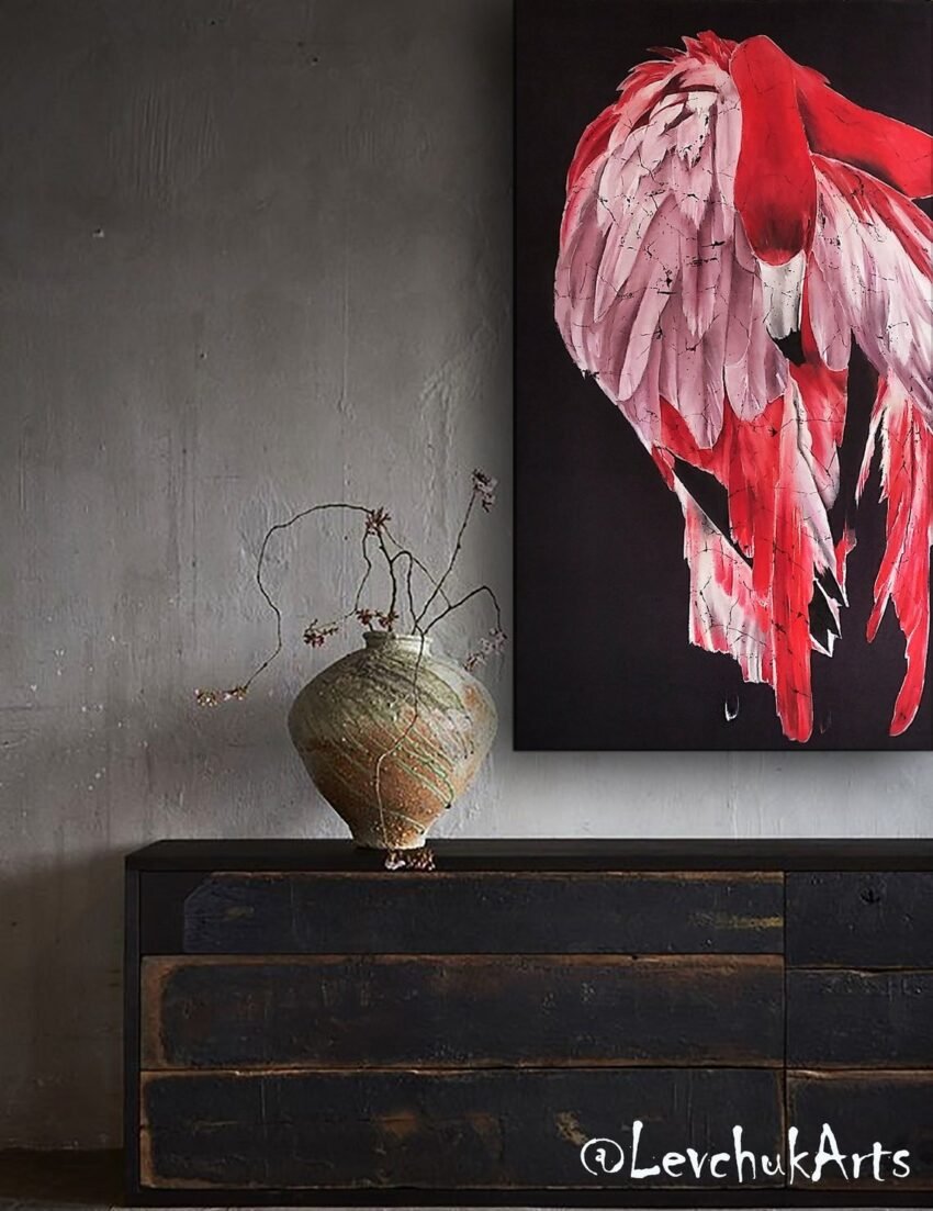 Flamingo original silk painting red flamingo batik paintin