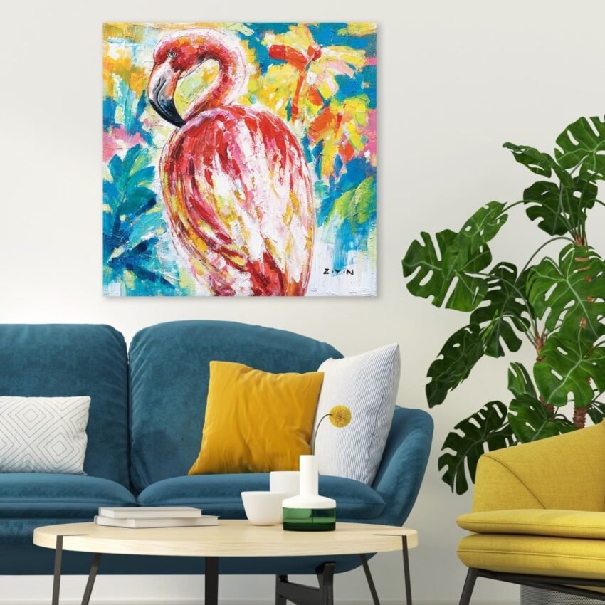 American Flamingo" Hand-Painted Bird Art – Original Wall Painting on Wrapped Canvas for Living Room, Bedroom, or Entryway Décor
