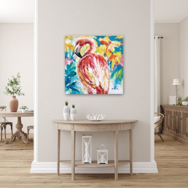 American Flamingo" Hand-Painted Bird Art – Original Wall Painting on Wrapped Canvas for Living Room, Bedroom, or Entryway Décor