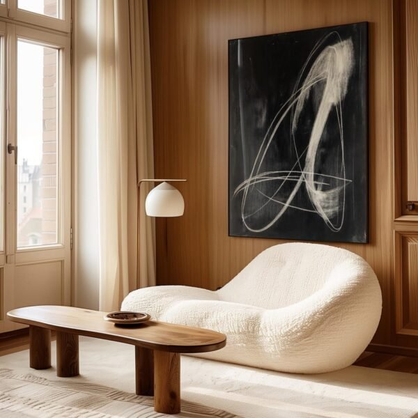 Modern Abstract Line Art, Black and White Chalk Sketch Fine Art, Monochromatic Print, Contemporary Painting, Original Minimalist