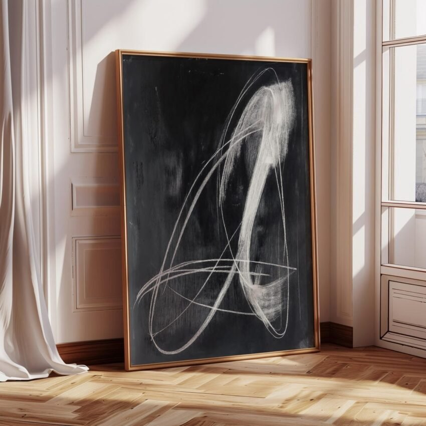 Modern Abstract Line Art, Black and White Chalk Sketch Fine Art, Monochromatic Print, Contemporary Painting, Original Minimalist