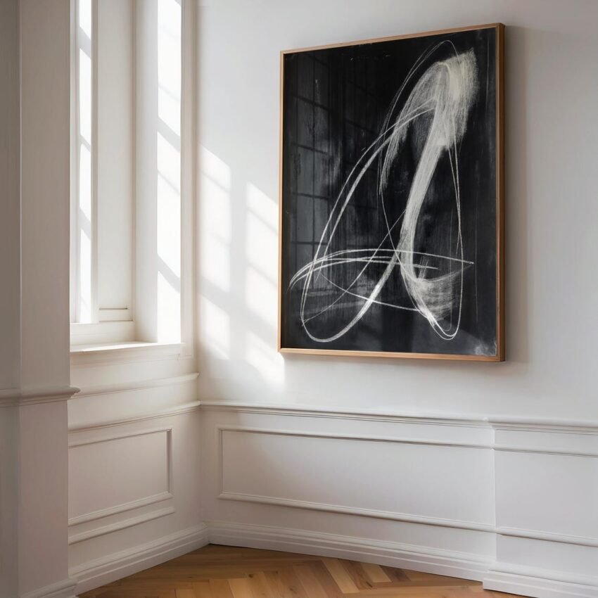 Modern Abstract Line Art, Black and White Chalk Sketch Fine Art, Monochromatic Print, Contemporary Painting, Original Minimalist
