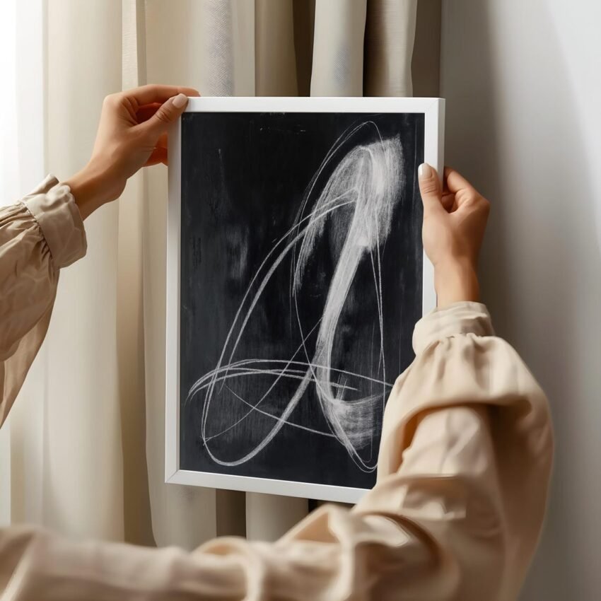Modern Abstract Line Art, Black and White Chalk Sketch Fine Art, Monochromatic Print, Contemporary Painting, Original Minimalist
