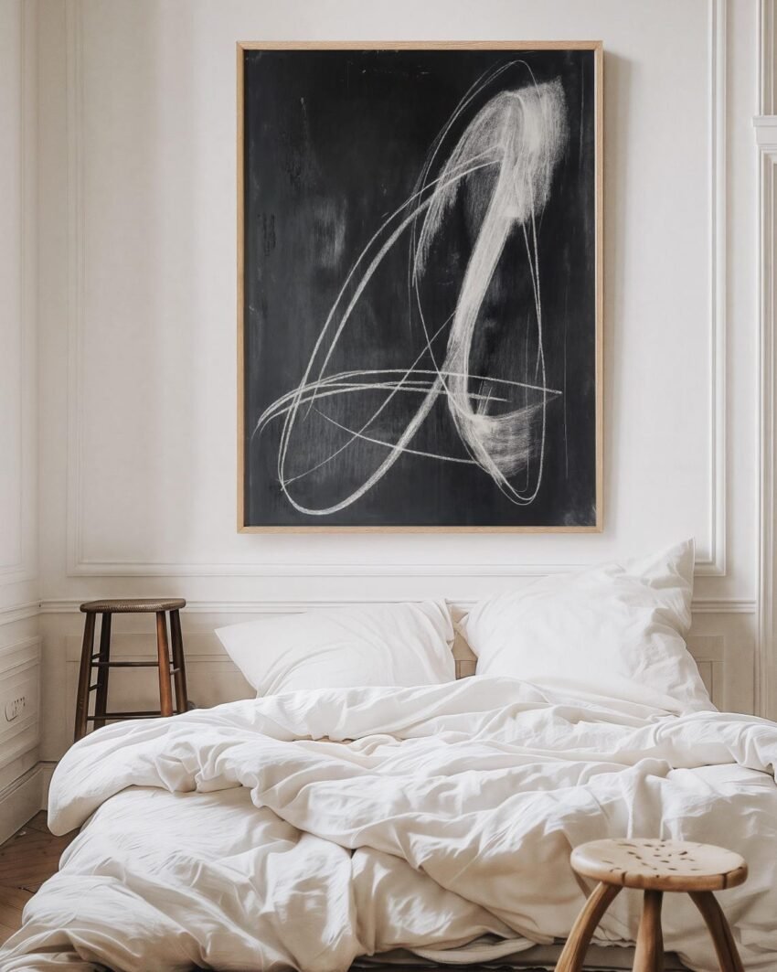 Modern Abstract Line Art, Black and White Chalk Sketch Fine Art, Monochromatic Print, Contemporary Painting, Original Minimalist