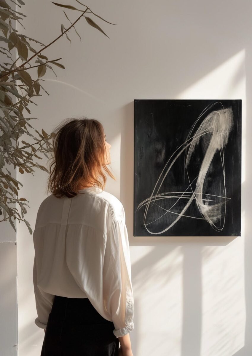 Modern Abstract Line Art, Black and White Chalk Sketch Fine Art, Monochromatic Print, Contemporary Painting, Original Minimalist