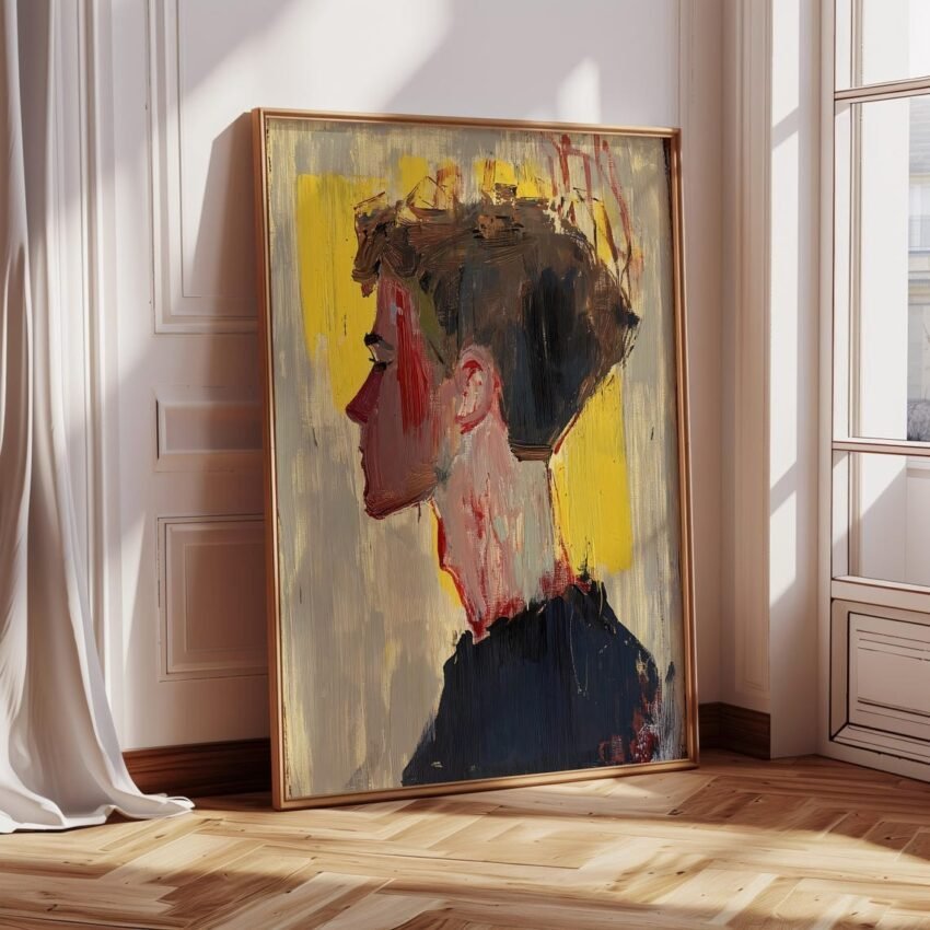Modern Abstract Male Portrait Art – Yellow & Grey Tones, Acrylic Spray Paint Mixed Media Wall Decor