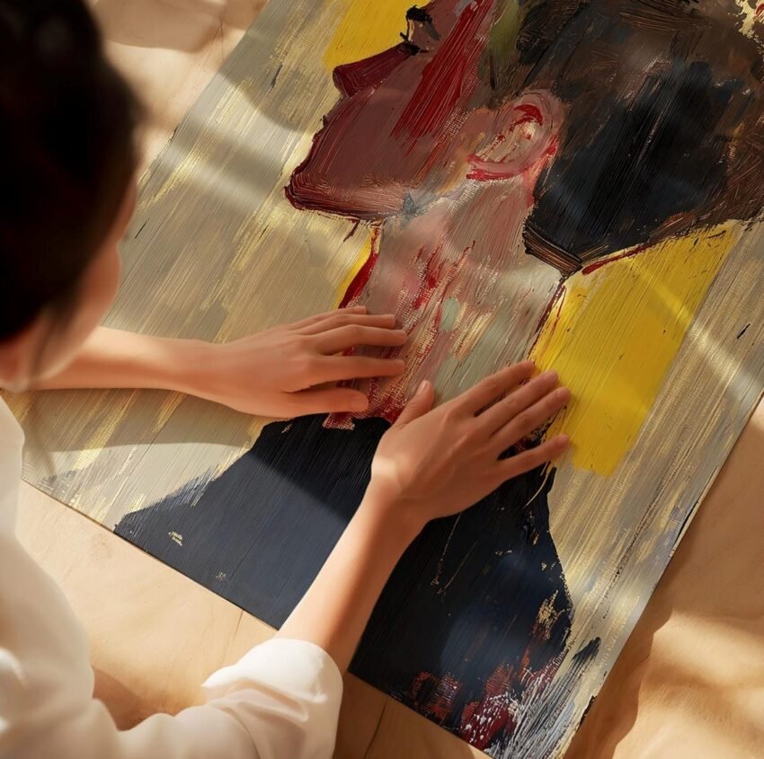 Modern Abstract Male Portrait Art – Yellow & Grey Tones, Acrylic Spray Paint Mixed Media Wall Decor