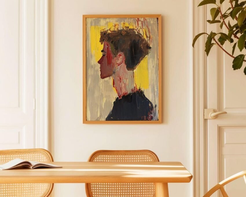 Modern Abstract Male Portrait Art – Yellow & Grey Tones, Acrylic Spray Paint Mixed Media Wall Decor