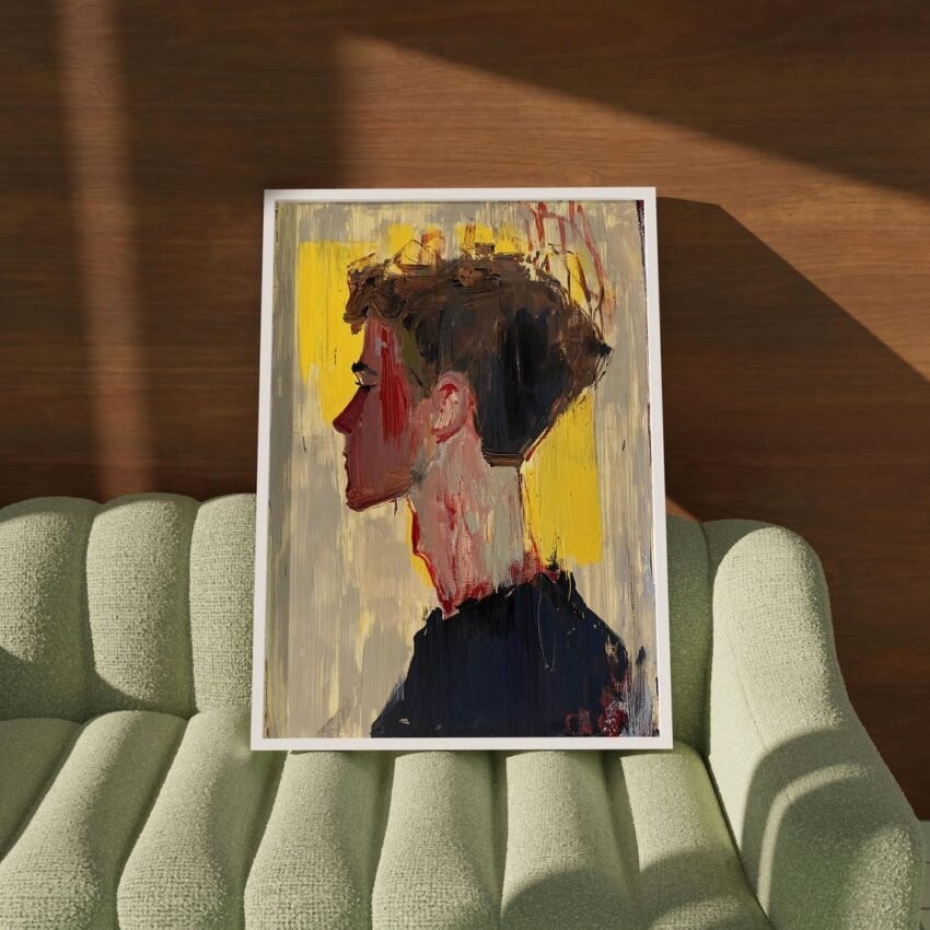 Modern Abstract Male Portrait Art – Yellow & Grey Tones, Acrylic Spray Paint Mixed Media Wall Decor