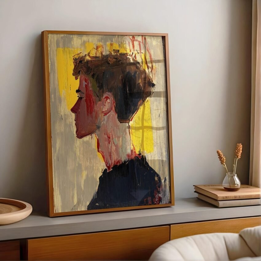 Modern Abstract Male Portrait Art – Yellow & Grey Tones, Acrylic Spray Paint Mixed Media Wall Decor