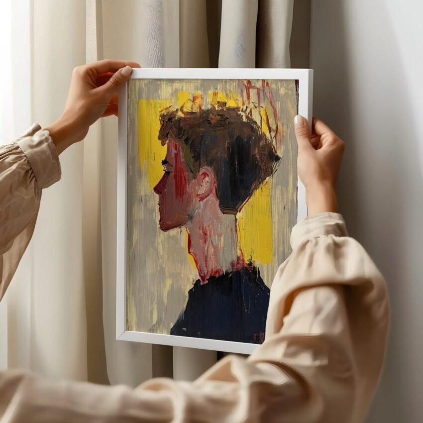 Modern Abstract Male Portrait Art – Yellow & Grey Tones, Acrylic Spray Paint Mixed Media Wall Decor