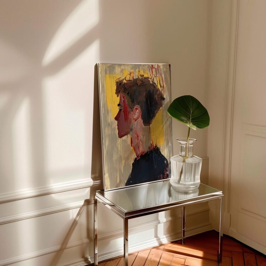 Modern Abstract Male Portrait Art – Yellow & Grey Tones, Acrylic Spray Paint Mixed Media Wall Decor