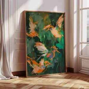 Vintage Abstract Hummingbird Oil Painting Large Bird Art Print, Large Green and Orange Artwork Giclee, Tropical Coastal