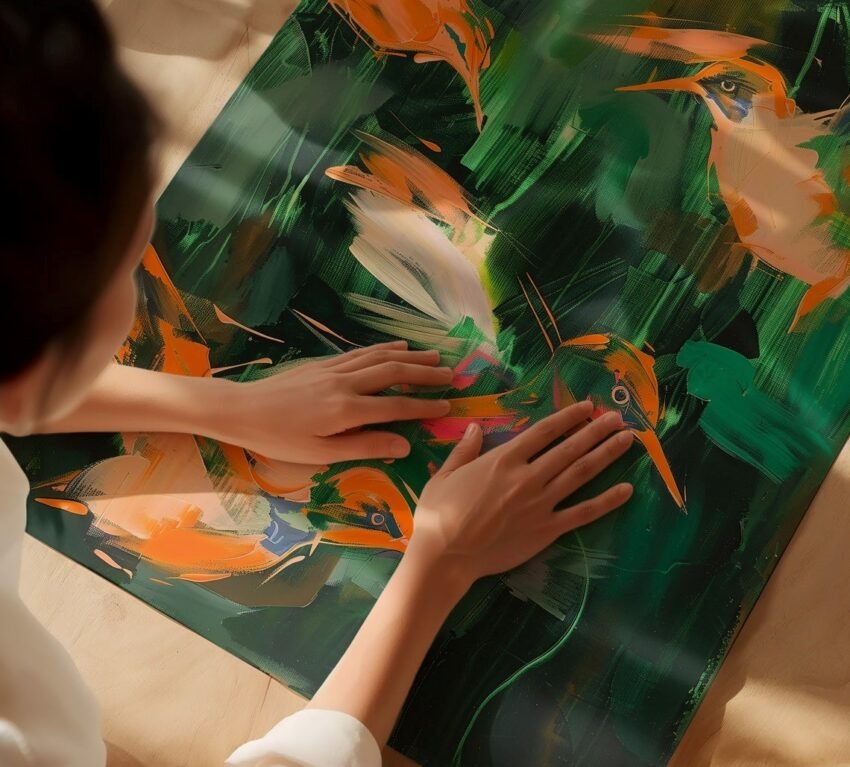 Vintage Hummingbird Abstract Art Print – Large Green & Orange Bird Painting | Tropical Coastal Wall Décor - Image 9