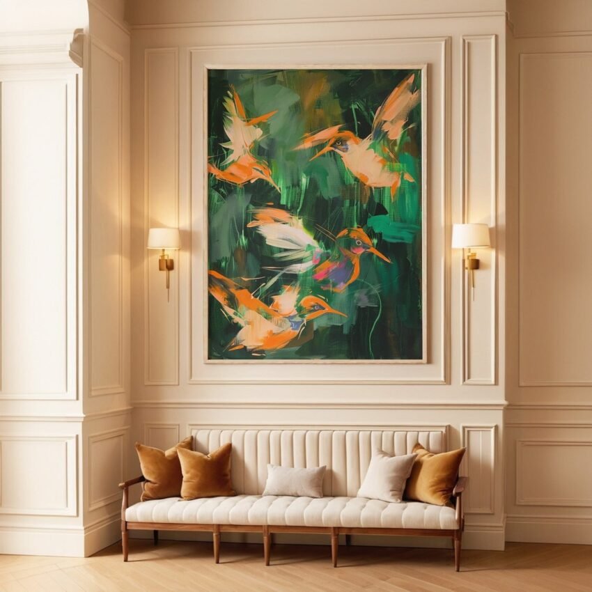 Vintage Abstract Hummingbird Oil Painting Large Bird Art Print, Large Green and Orange Artwork Giclee, Tropical Coastal