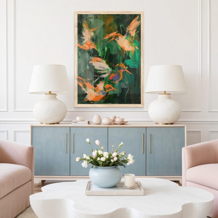 Vintage Abstract Hummingbird Oil Painting Large Bird Art Print, Large Green and Orange Artwork Giclee, Tropical Coastal