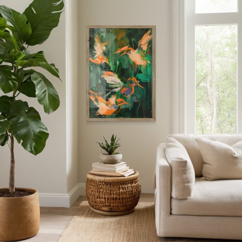 Vintage Abstract Hummingbird Oil Painting Large Bird Art Print, Large Green and Orange Artwork Giclee, Tropical Coastal