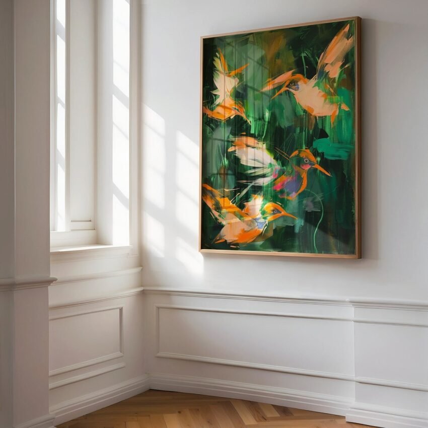Vintage Abstract Hummingbird Oil Painting Large Bird Art Print, Large Green and Orange Artwork Giclee, Tropical Coastal