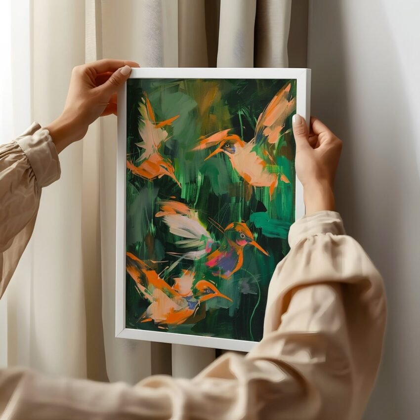 Vintage Abstract Hummingbird Oil Painting Large Bird Art Print, Large Green and Orange Artwork Giclee, Tropical Coastal