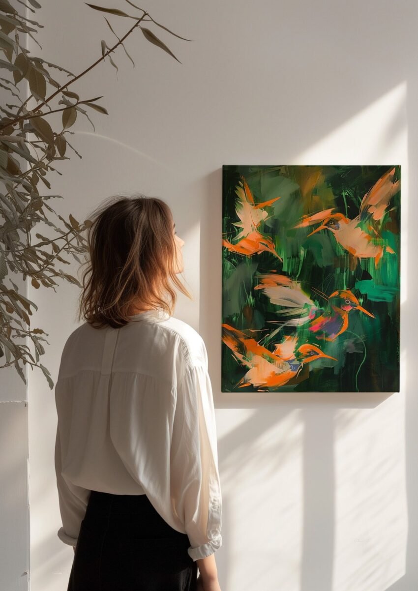 Vintage Abstract Hummingbird Oil Painting Large Bird Art Print, Large Green and Orange Artwork Giclee, Tropical Coastal