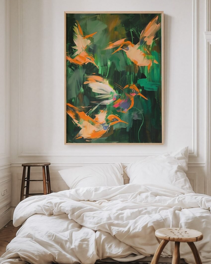 Vintage Abstract Hummingbird Oil Painting Large Bird Art Print, Large Green and Orange Artwork Giclee, Tropical Coastal