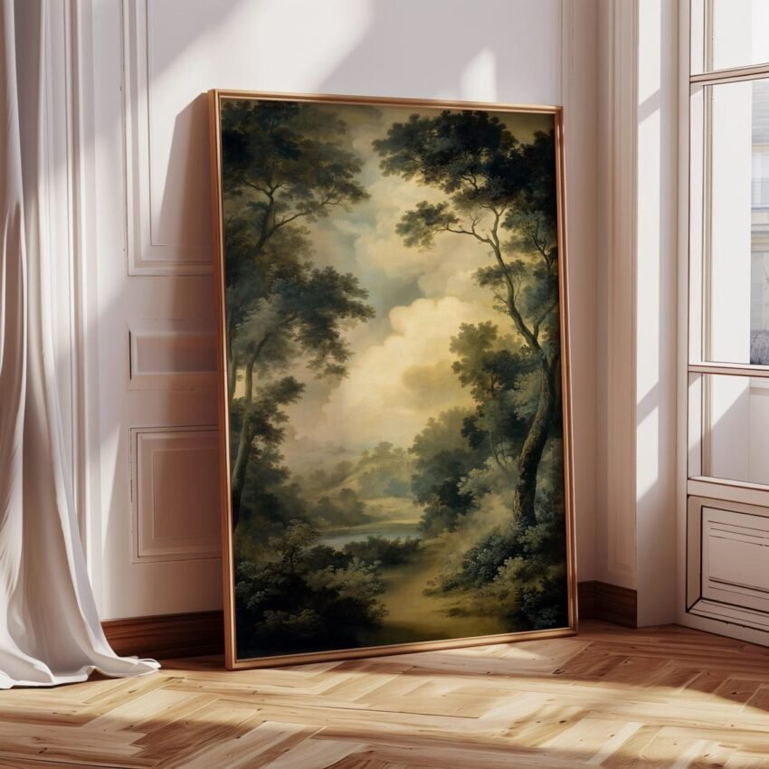 Vintage Forest Landscape Giclée Print – Moody Antique Oil Painting Wall Art, Traditional Garden Scene, Large Mid-Century Inspired Home Decor