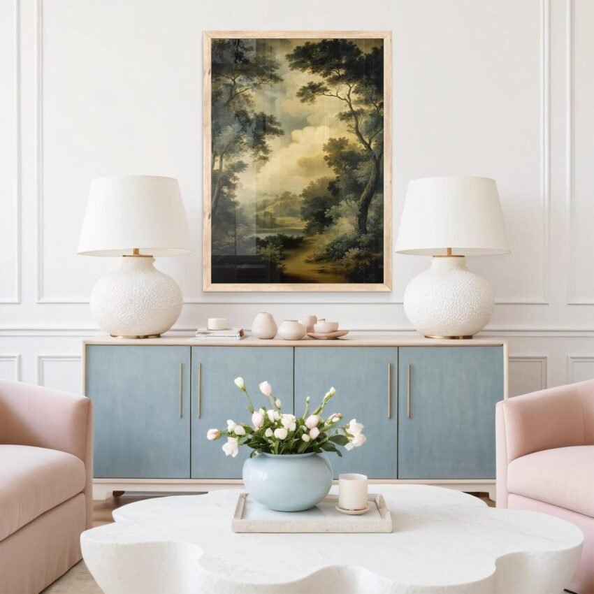 Vintage Forest Landscape Giclée Print – Moody Antique Oil Painting Wall Art, Traditional Garden Scene, Large Mid-Century Inspired Home Decor