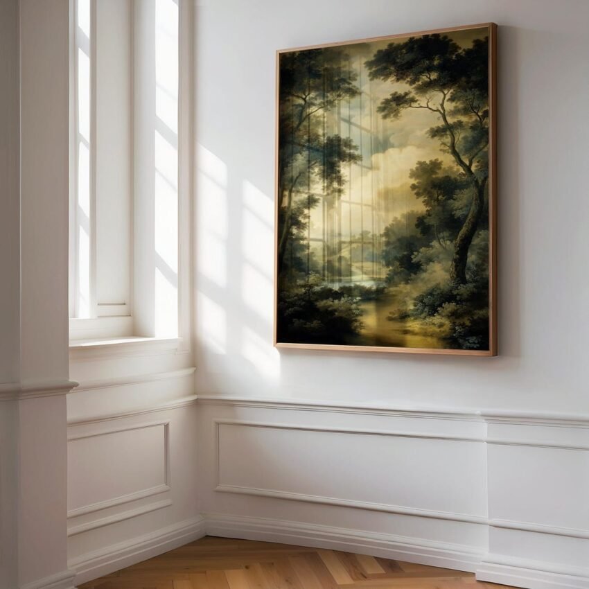Vintage Forest Landscape Giclée Print – Moody Antique Oil Painting Wall Art, Traditional Garden Scene, Large Mid-Century Inspired Home Decor