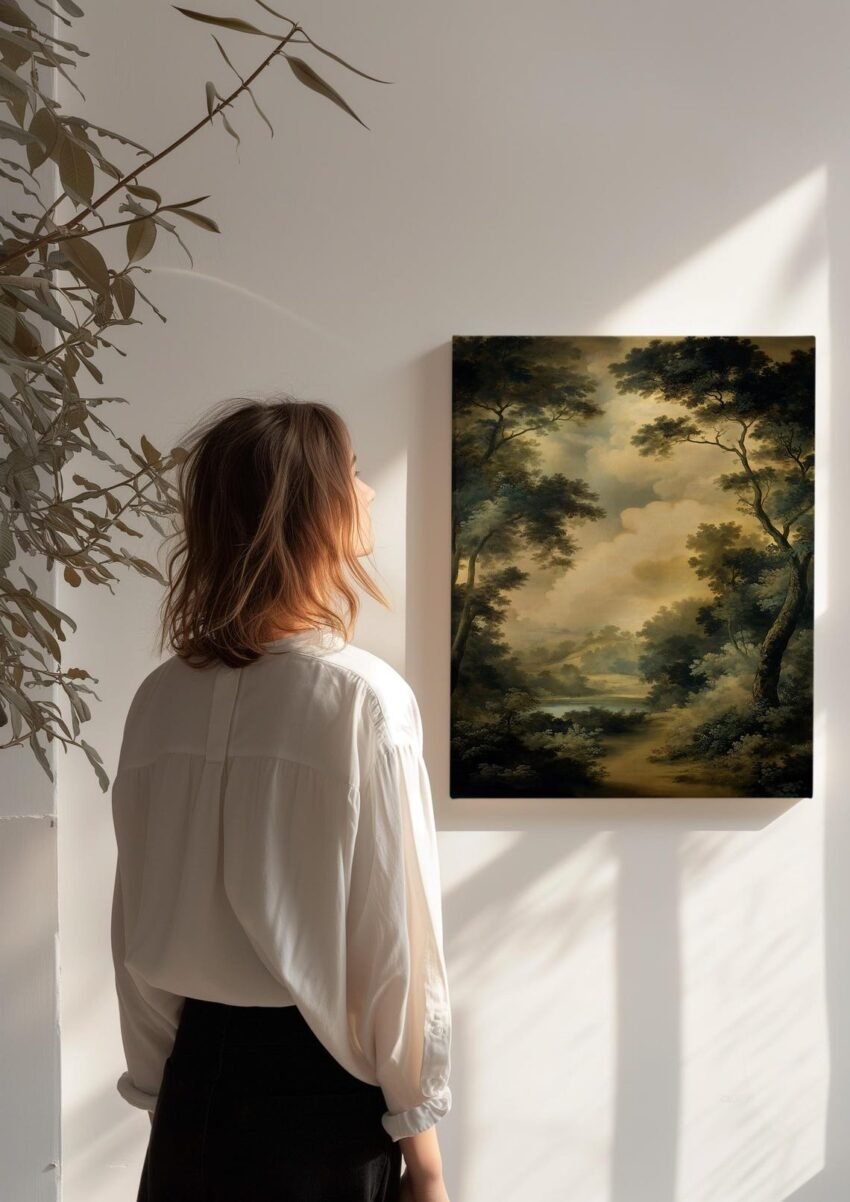 Vintage Forest Landscape Giclée Print – Moody Antique Oil Painting Wall Art, Traditional Garden Scene, Large Mid-Century Inspired Home Decor