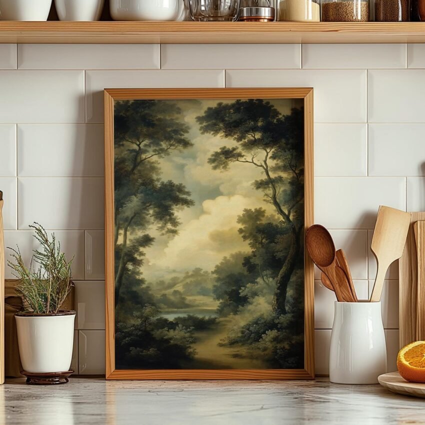 Vintage Forest Landscape Giclée Print – Moody Antique Oil Painting Wall Art, Traditional Garden Scene, Large Mid-Century Inspired Home Decor