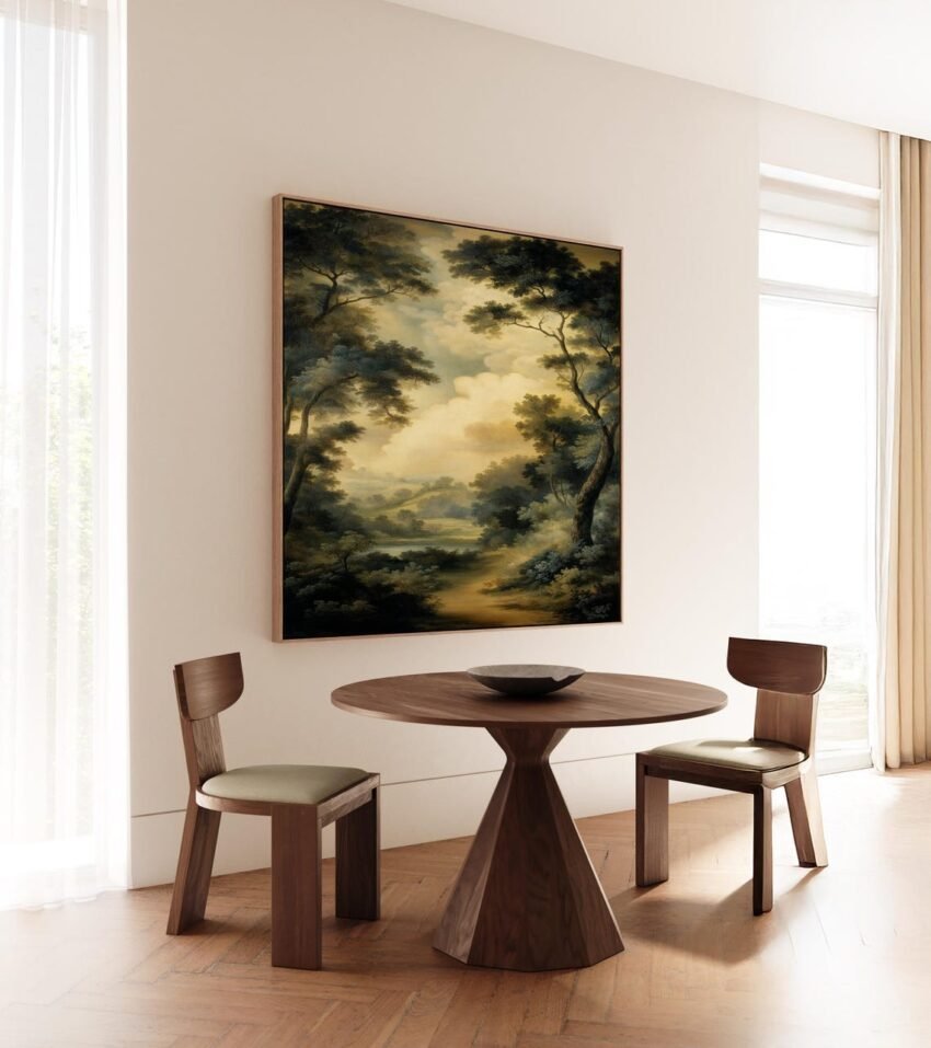 Vintage Forest Landscape Giclée Print – Moody Antique Oil Painting Wall Art, Traditional Garden Scene, Large Mid-Century Inspired Home Decor