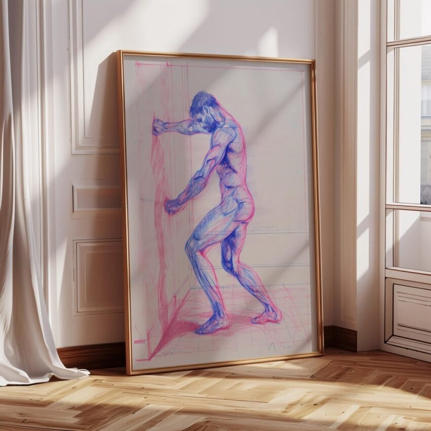 Vintage Nude Male Sketch Art Print – Pink & Blue Pencil Drawing, Muscular Figure Etching, Classic Locker Room Gym Decor
