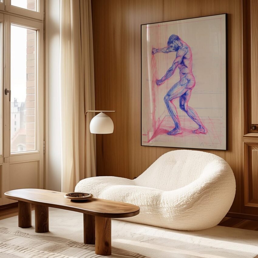 Vintage Nude Male Sketch Art Print – Pink & Blue Pencil Drawing, Muscular Figure Etching, Classic Locker Room Gym Decor