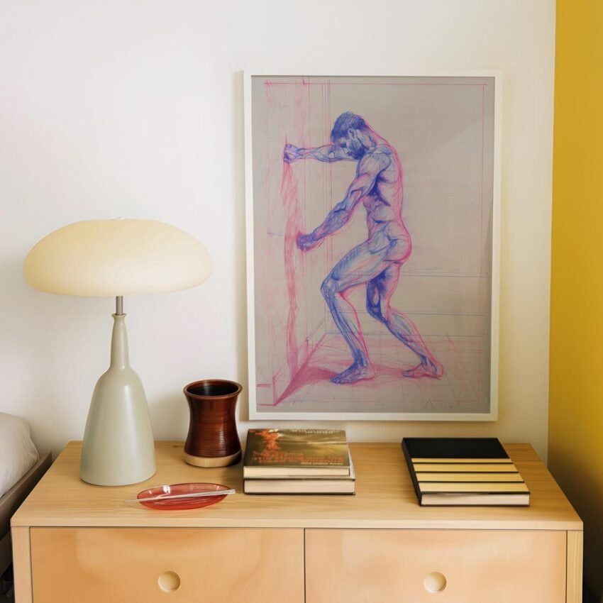 Vintage Nude Male Sketch Art Print – Pink & Blue Pencil Drawing, Muscular Figure Etching, Classic Locker Room Gym Decor