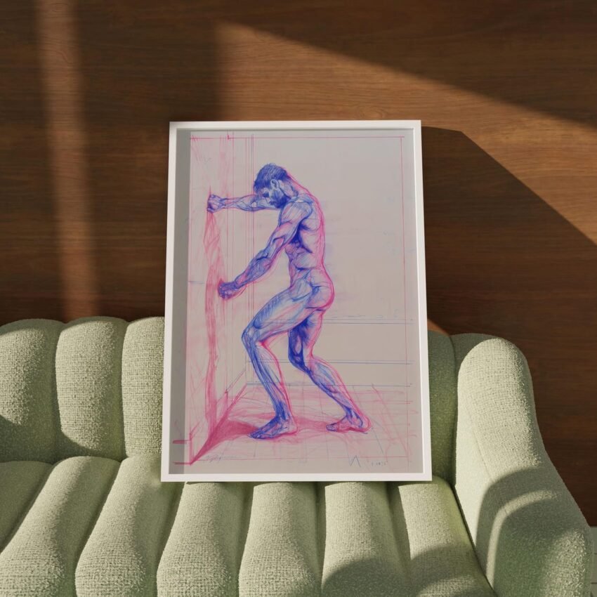 Vintage Nude Male Sketch Art Print – Pink & Blue Pencil Drawing, Muscular Figure Etching, Classic Locker Room Gym Decor