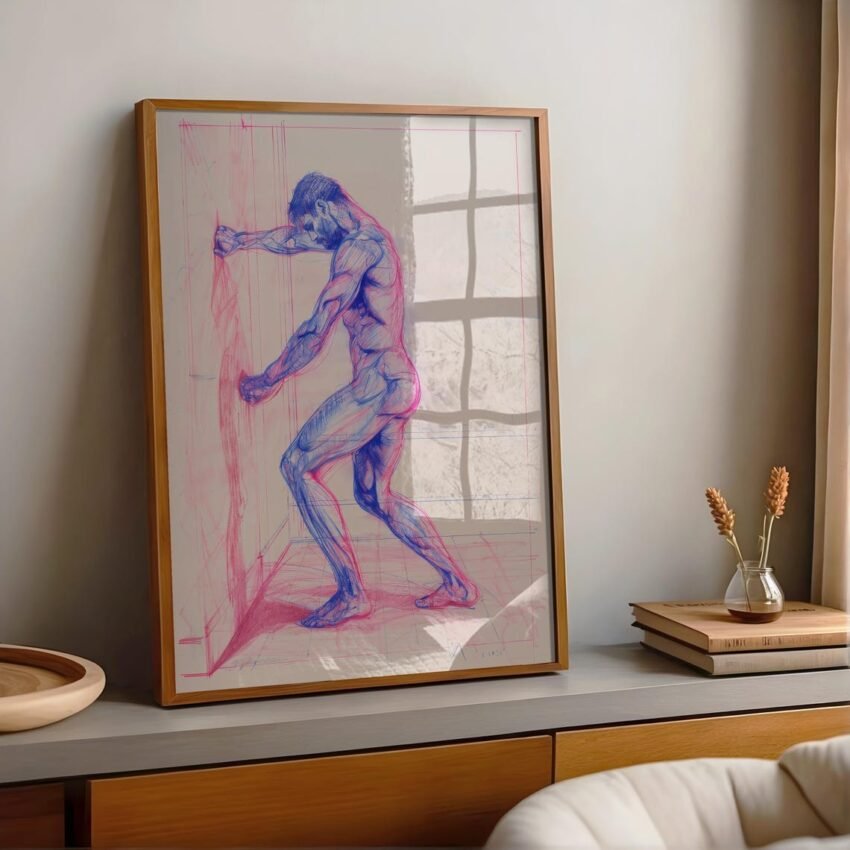Vintage Nude Male Sketch Art Print – Pink & Blue Pencil Drawing, Muscular Figure Etching, Classic Locker Room Gym Decor