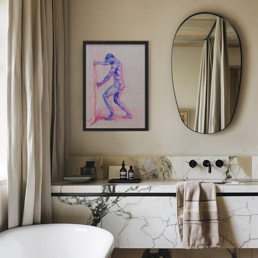 Vintage Nude Male Sketch Art Print – Pink & Blue Pencil Drawing, Muscular Figure Etching, Classic Locker Room Gym Decor