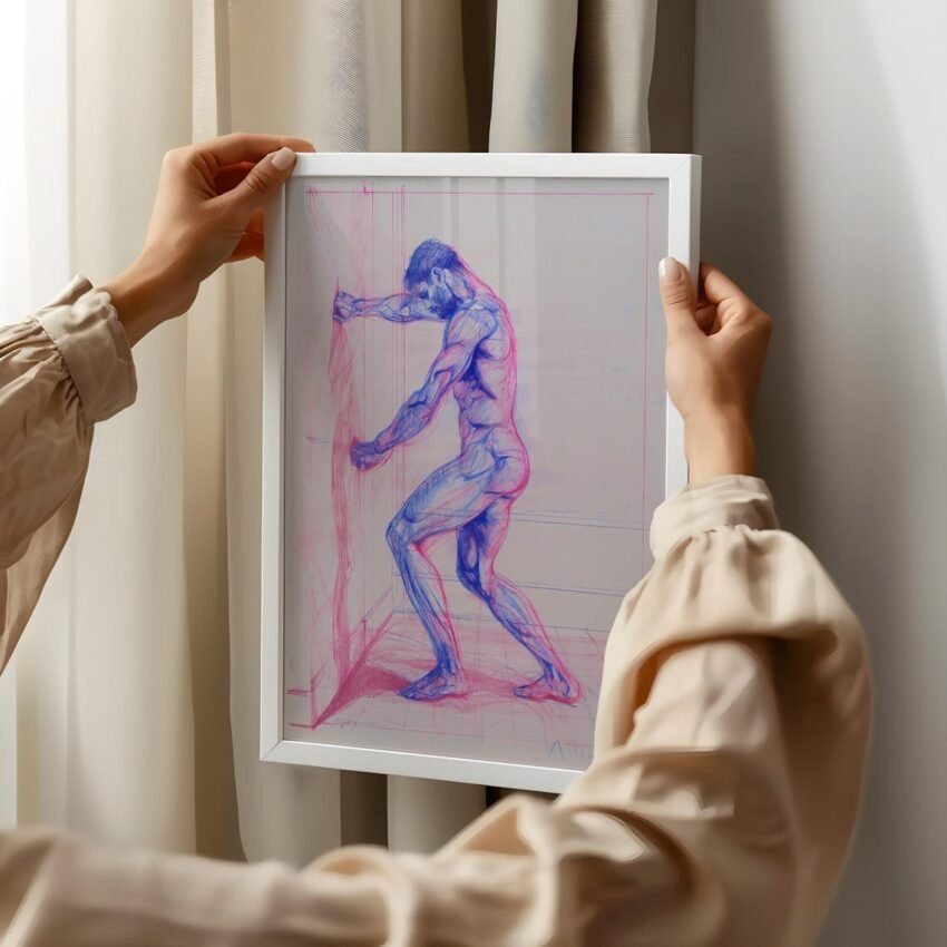 Vintage Nude Male Sketch Art Print – Pink & Blue Pencil Drawing, Muscular Figure Etching, Classic Locker Room Gym Decor