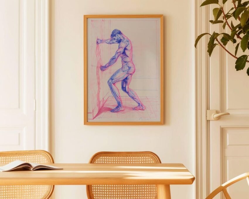 Vintage Nude Male Sketch Art Print – Pink & Blue Pencil Drawing, Muscular Figure Etching, Classic Locker Room Gym Decor