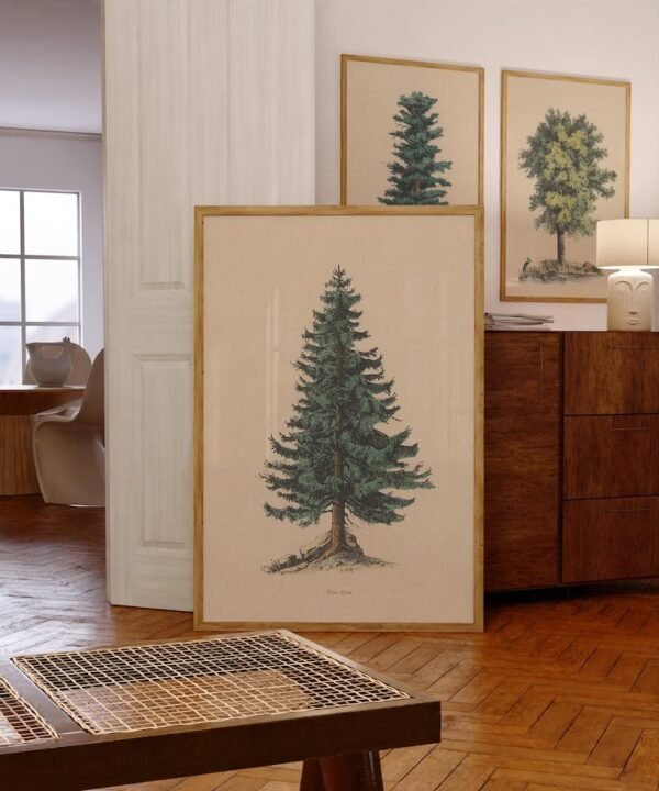 Vintage Pine Tree Drawing Print Fine Art Spruce Poster Cabin Cottage Wall Art