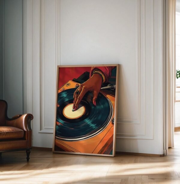 Vintage Turntable Poster – Retro Black Woman DJ Art, African American Music Wall Art, Mid-Century Dorm Room Decor
