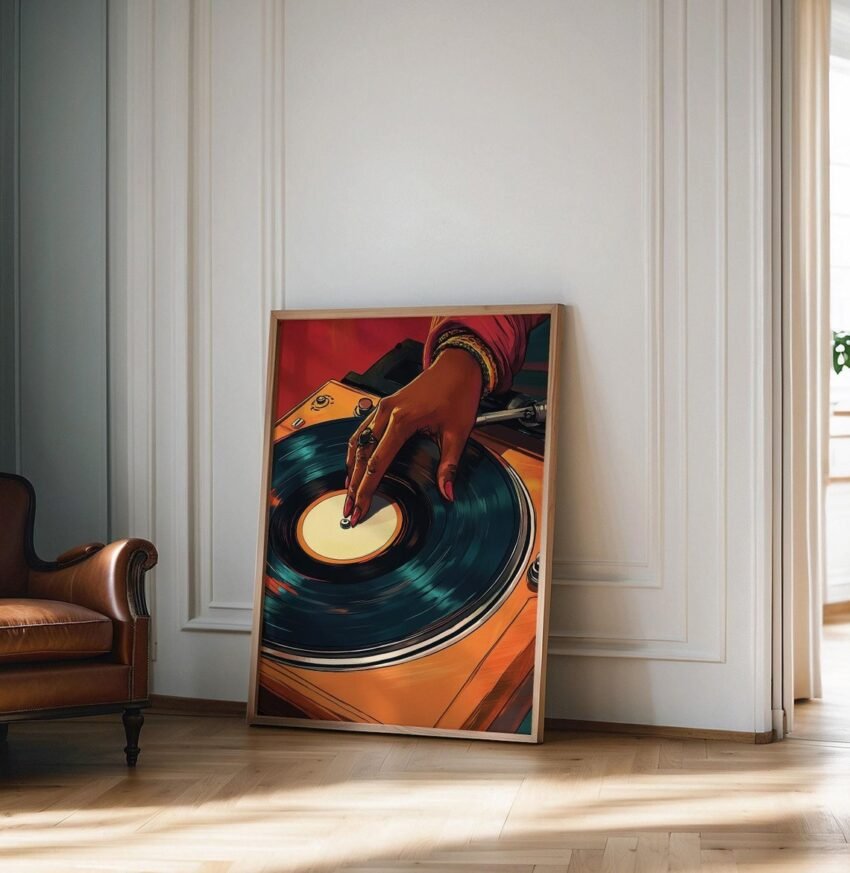 Vintage Turntable Poster – Retro Black Woman DJ Art, African American Music Wall Art, Mid-Century Dorm Room Decor