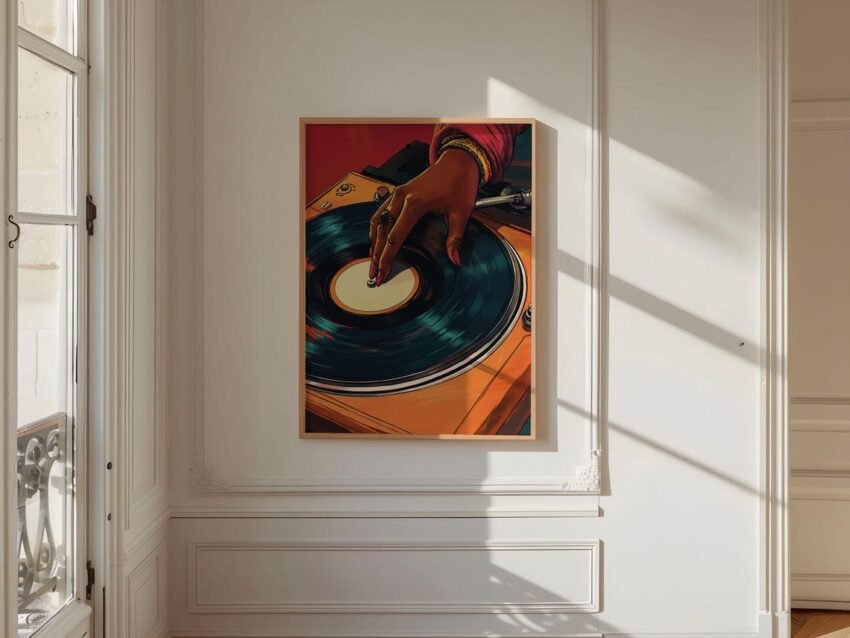 Vintage Turntable Poster – Retro Black Woman DJ Art, African American Music Wall Art, Mid-Century Dorm Room Decor