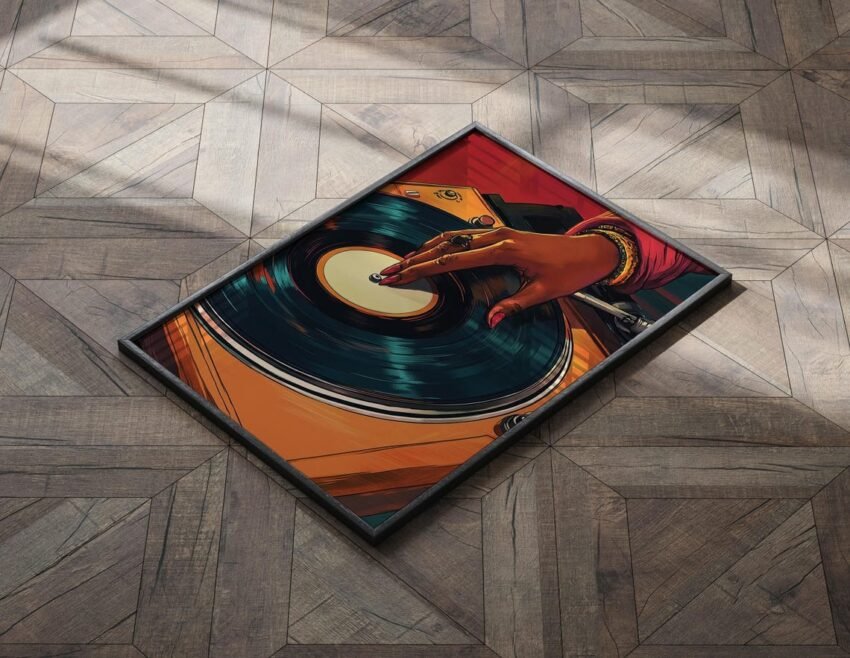 Vintage Turntable Poster – Retro Black Woman DJ Art, African American Music Wall Art, Mid-Century Dorm Room Decor