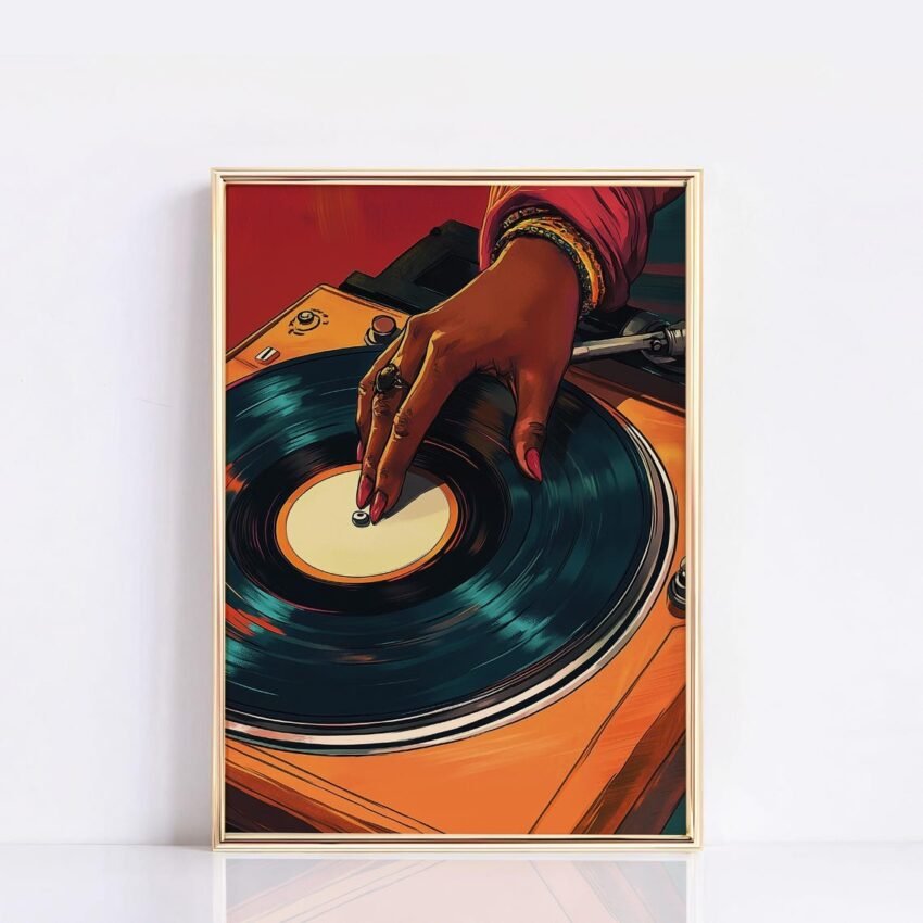Vintage Turntable Poster – Retro Black Woman DJ Art, African American Music Wall Art, Mid-Century Dorm Room Decor