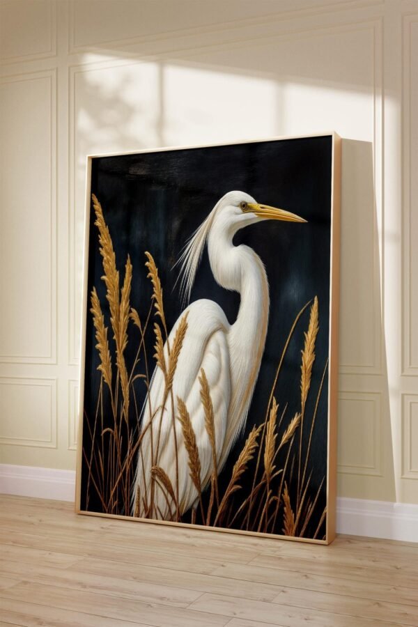 Vintage White Heron Oil Painting Large Square Art Print, Elegant Wildlife Wall Decor, Classic Nature Artwork Lush House